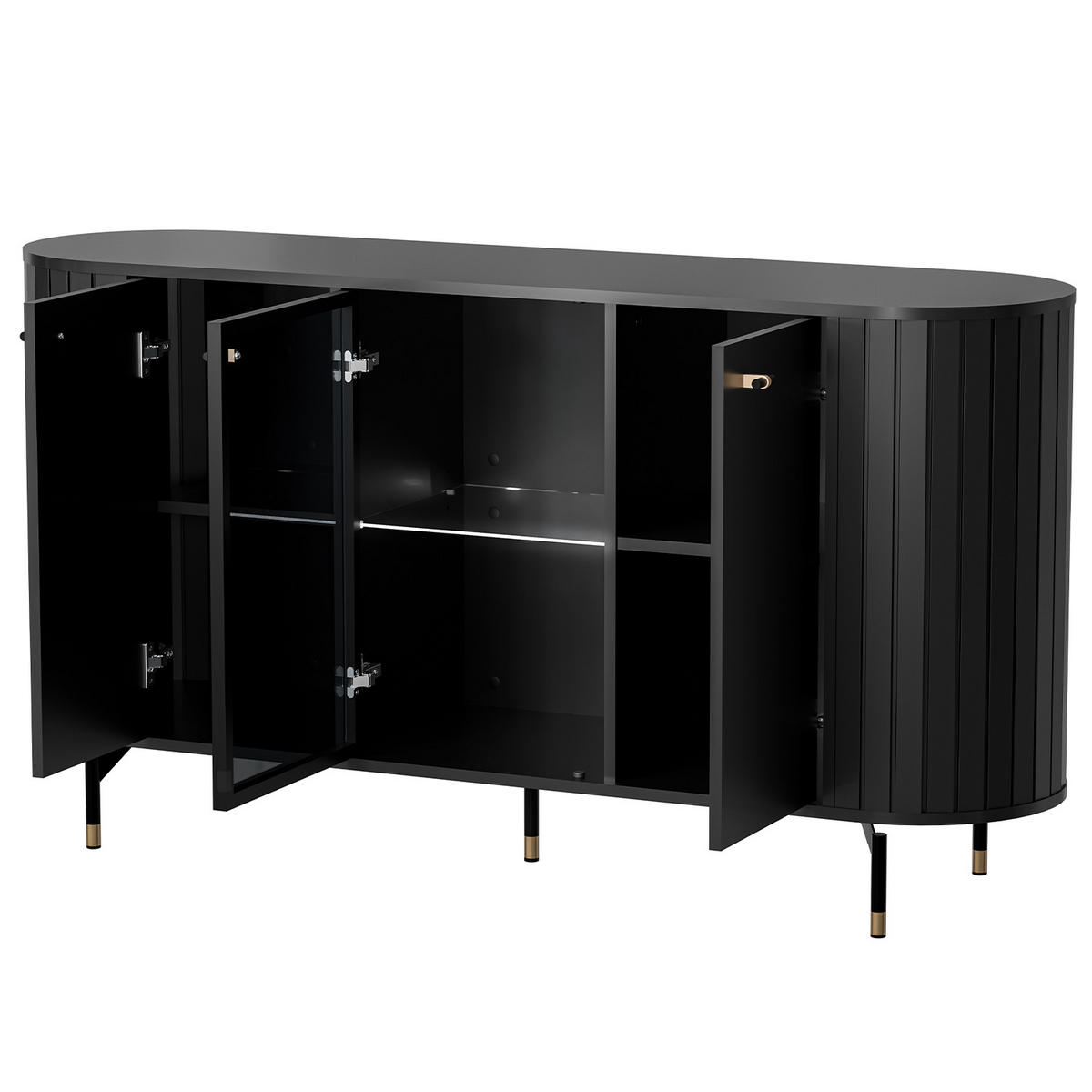 KOMMODE Zalia mit LED-Beleuchtung, 3 Türen, Glastür und Stauraum, 150 cm, im Retro-Stil, Schwarz - Schwarz, Holzwerkstoff (150/81/40cm) - Beautysofa