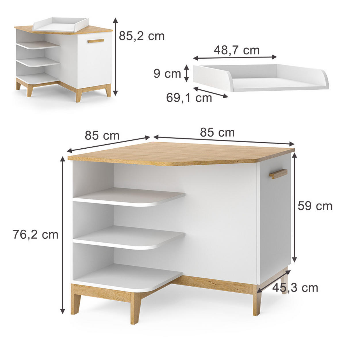 WICKELKOMMODE Malia Weiß/Eiche 85 x 85.2 cm mit Tür - Eichefarben/Weiß, Holzwerkstoff (85/85.2/85cm) - VitaliSpa