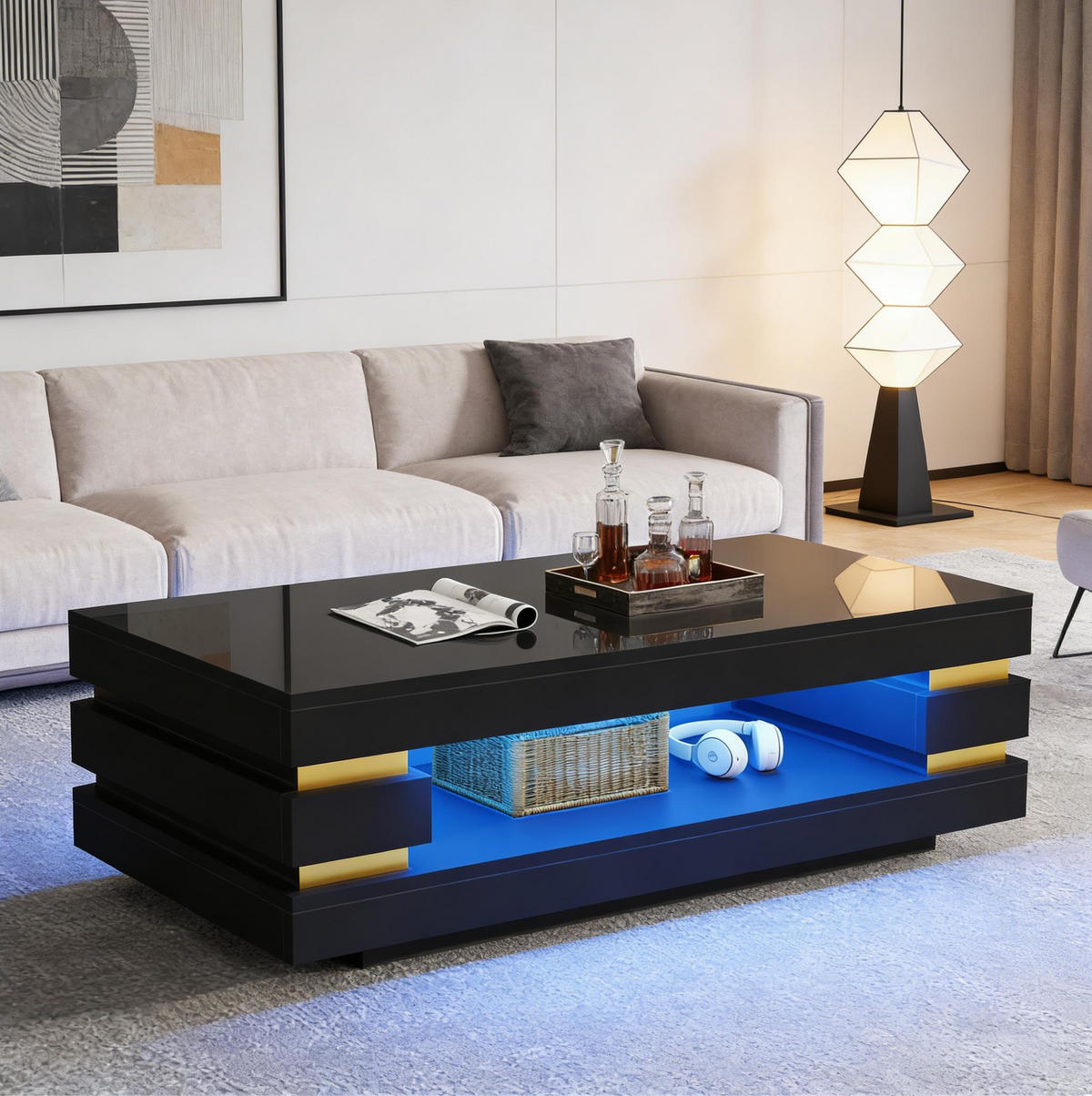 COUCHTISCH 100/50/35 cm mit LED-Beleuchtung, offenem Stauraum und Hochglanzoberfläche aus Spanplatte, Schwarz/Goldfarben - Schwarz, Holzwerkstoff (100/50/35cm) - Redom