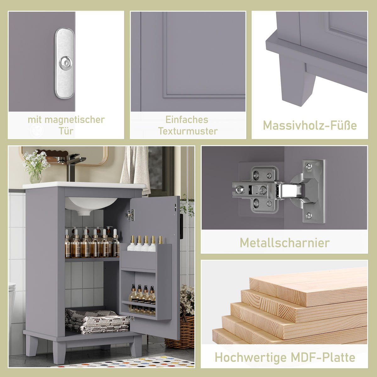 WASCHTISCHKOMBI Grau kompakt mit Keramikbecken - Grau, Keramik/Holzwerkstoff (51/83/34cm) - Urban Meuble