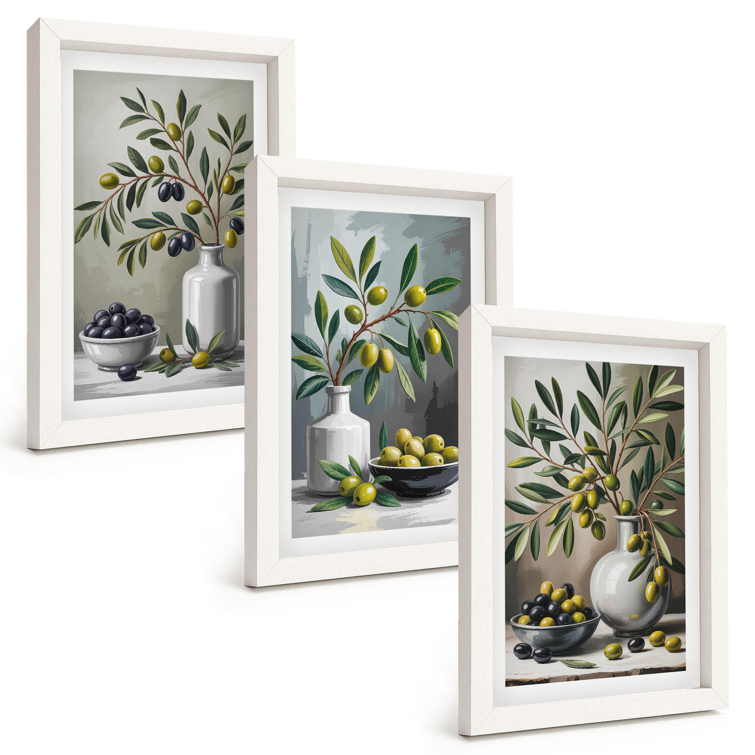 BILDER SET 3er Set - 20x30 cm Weißer Rahmen - Keramik olivgrau - Weiß, Kunststoff (20/30cm) - TULUP