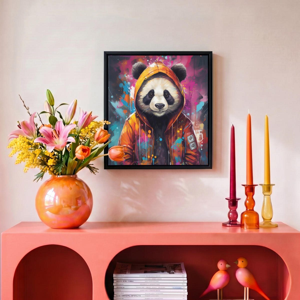 LEINWAND Bilder mit Rahmen - Panda - Jacke - Graffiti - Orange - 20x20 - Orange, Textil (20/20cm) - MuchoWow