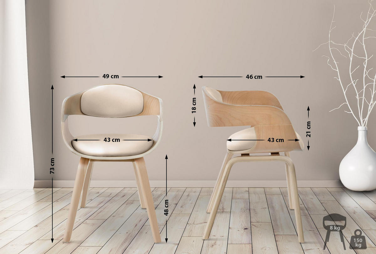 ARMLEHNENSTUHL Lederlook Natura/Creme - Eukalyptusholzfarben/Creme, Holz/Textil (49/73/46cm) - CLP