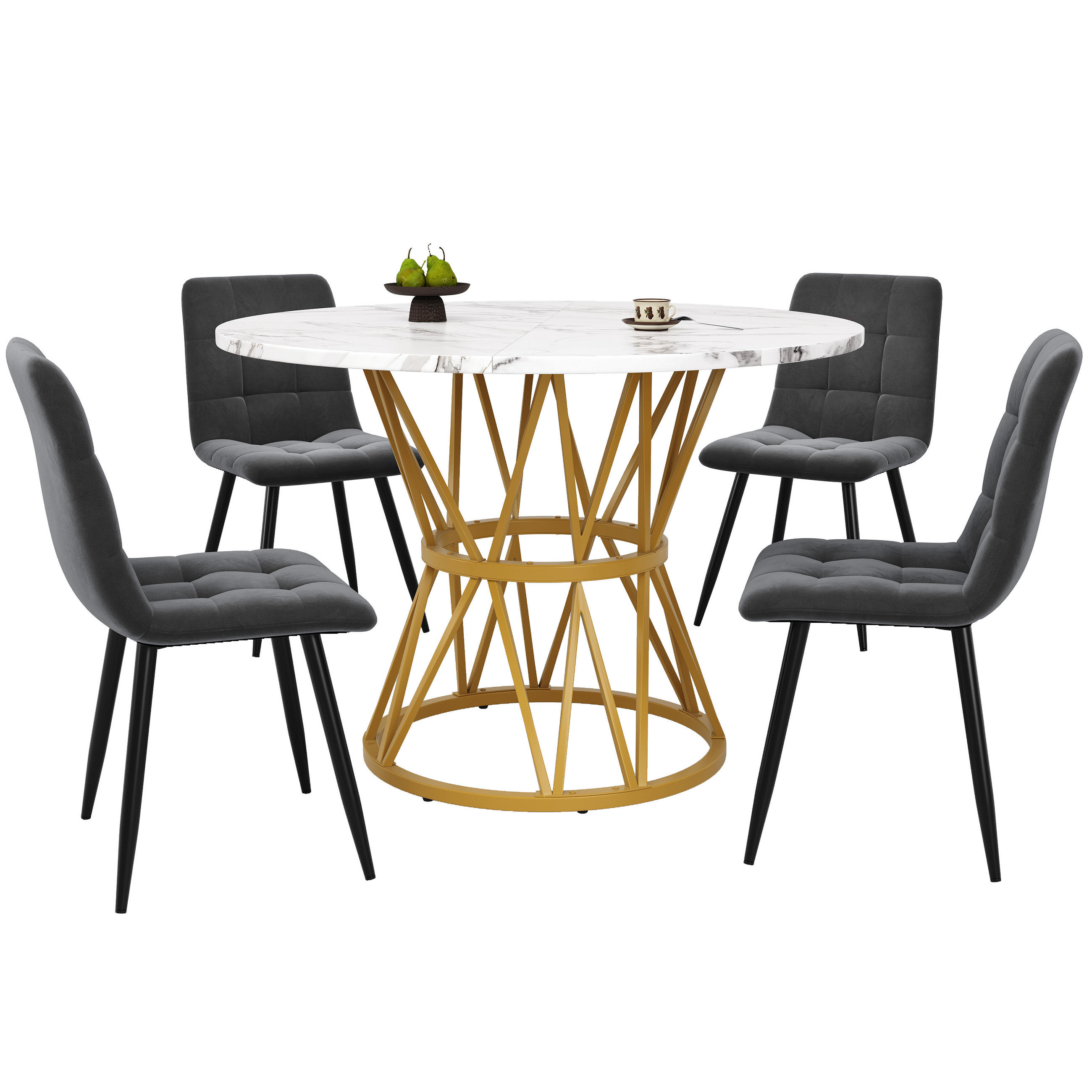 ESSTISCHSET 5-Teilig Rund 100 Cm, MDF Marmor, 4 Graue Samtstühle, Metall - Multicolor, Holzwerkstoff (65.99/27.99/70cm) - FLIEKS