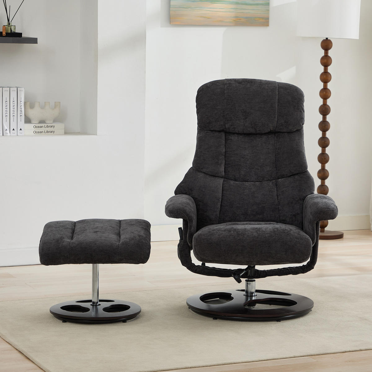 RELAXSESSEL 83,5/81/111 cm in Dunkelgrau mit Massagefunktion und Hocker - Dunkelgrau, Textil (83.5/111/81cm) - BEAOK