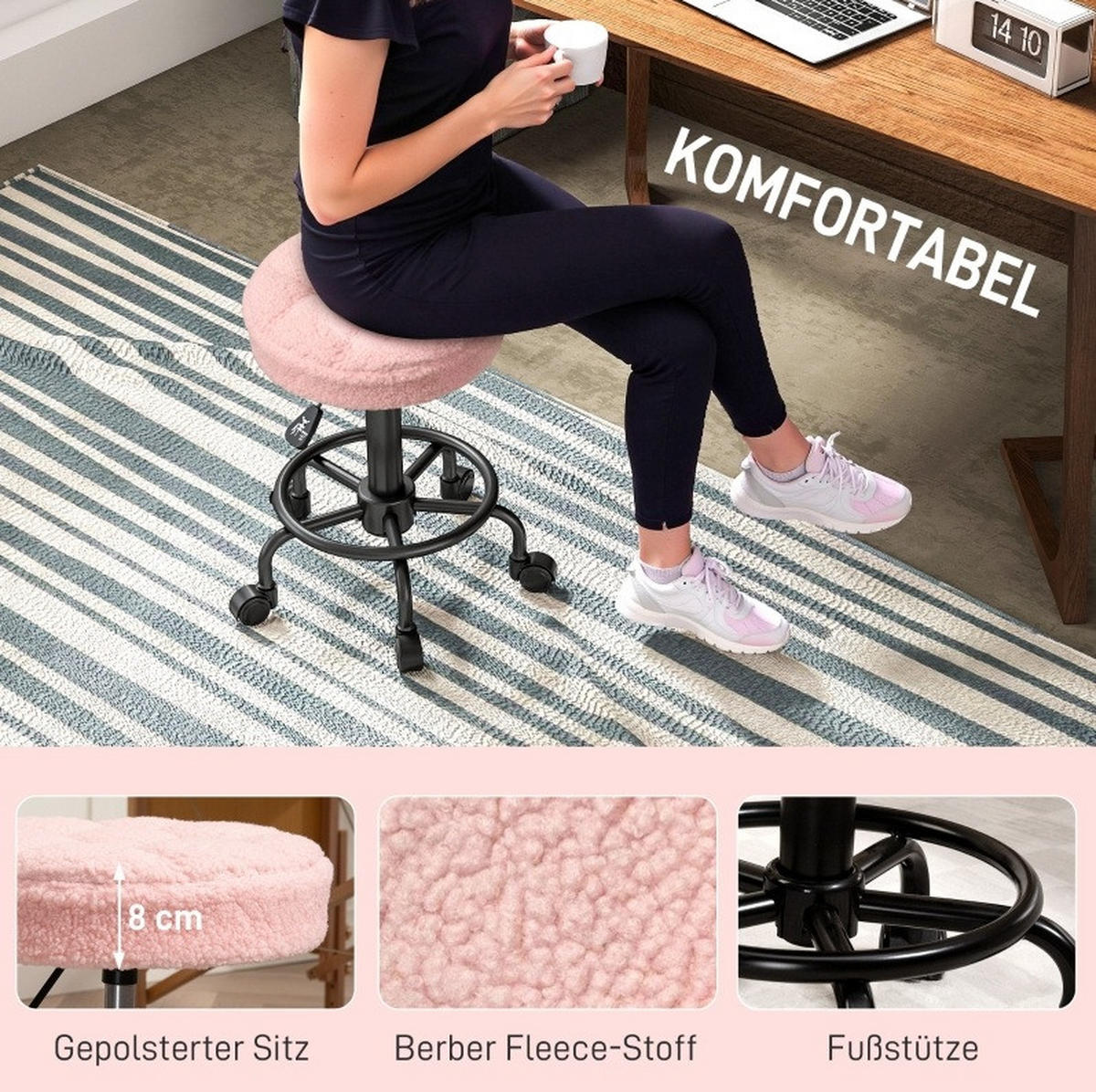 ROLLHOCKER höhenverstellbar 50-66 cm Pink - Pink, Kunststoff (50/66/50cm) - Meubliv