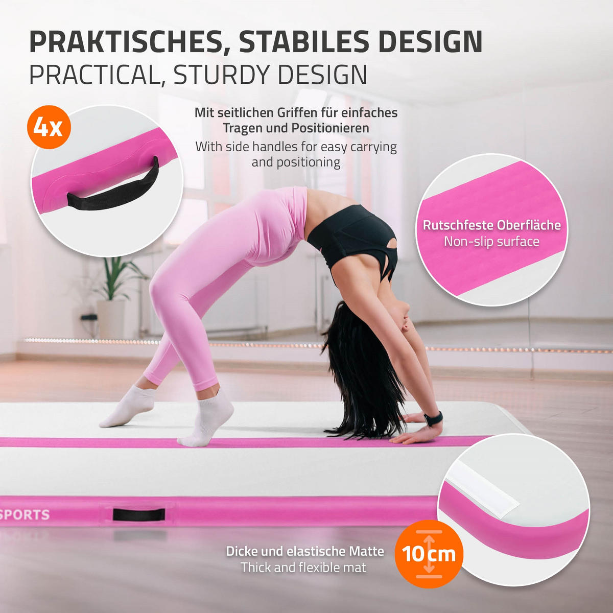 NAFUKOVACÍ gymnastická podložka Airtrack 500x100x10 cm růžová - růžová, plast (100/500cm) - ECD-Germany