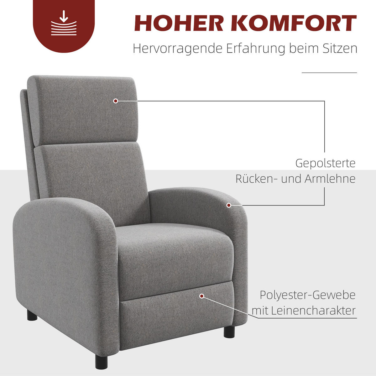 RELAXSESSEL gepolstert Fernsehsessel mit Liegefunktion bis 120 kg Belastbar Grau - Schwarz/Grau, Kunststoff/Textil (86/102/64cm) - HOMCOM