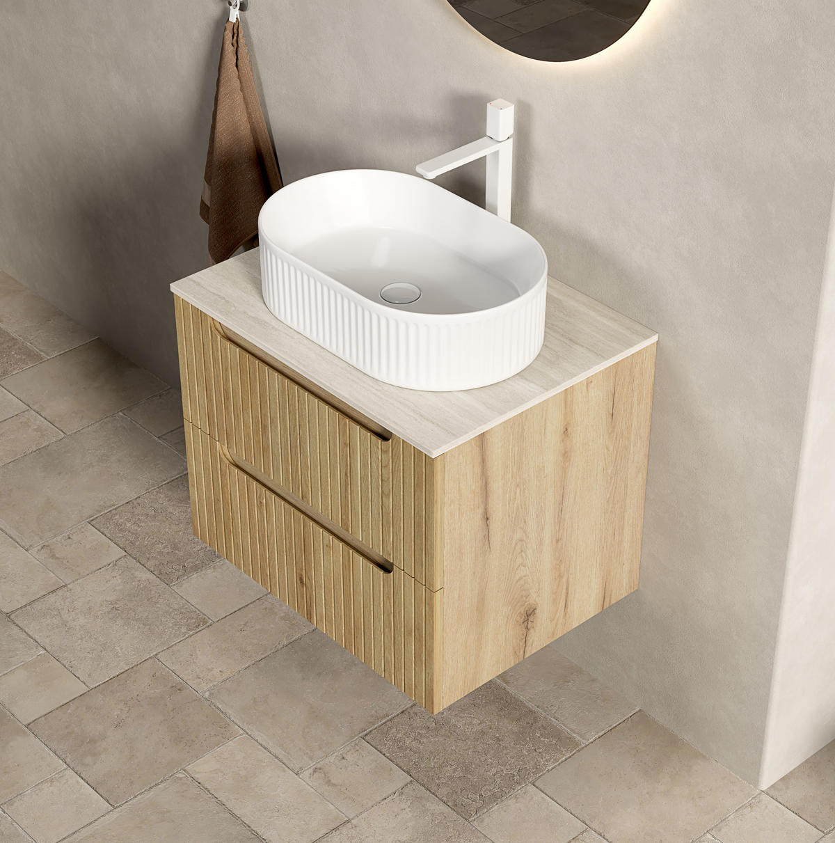 WASCHTISCH mit Doppel-Schublade Keramik Sinterstein White Oak - Weiß, Holzwerkstoff (46/62.2/60cm) - Beauniv