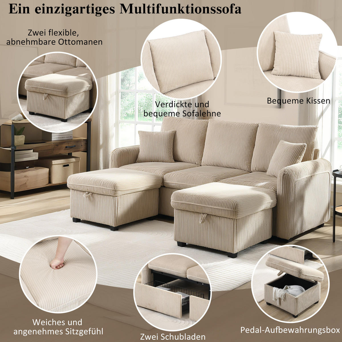 ECKSCHLAFSOFA 3-Sitzer Cord mit Stauraum und 2 Hocker Beige 188/186/86 cm - Beige, Textil (186/188cm) - Redom