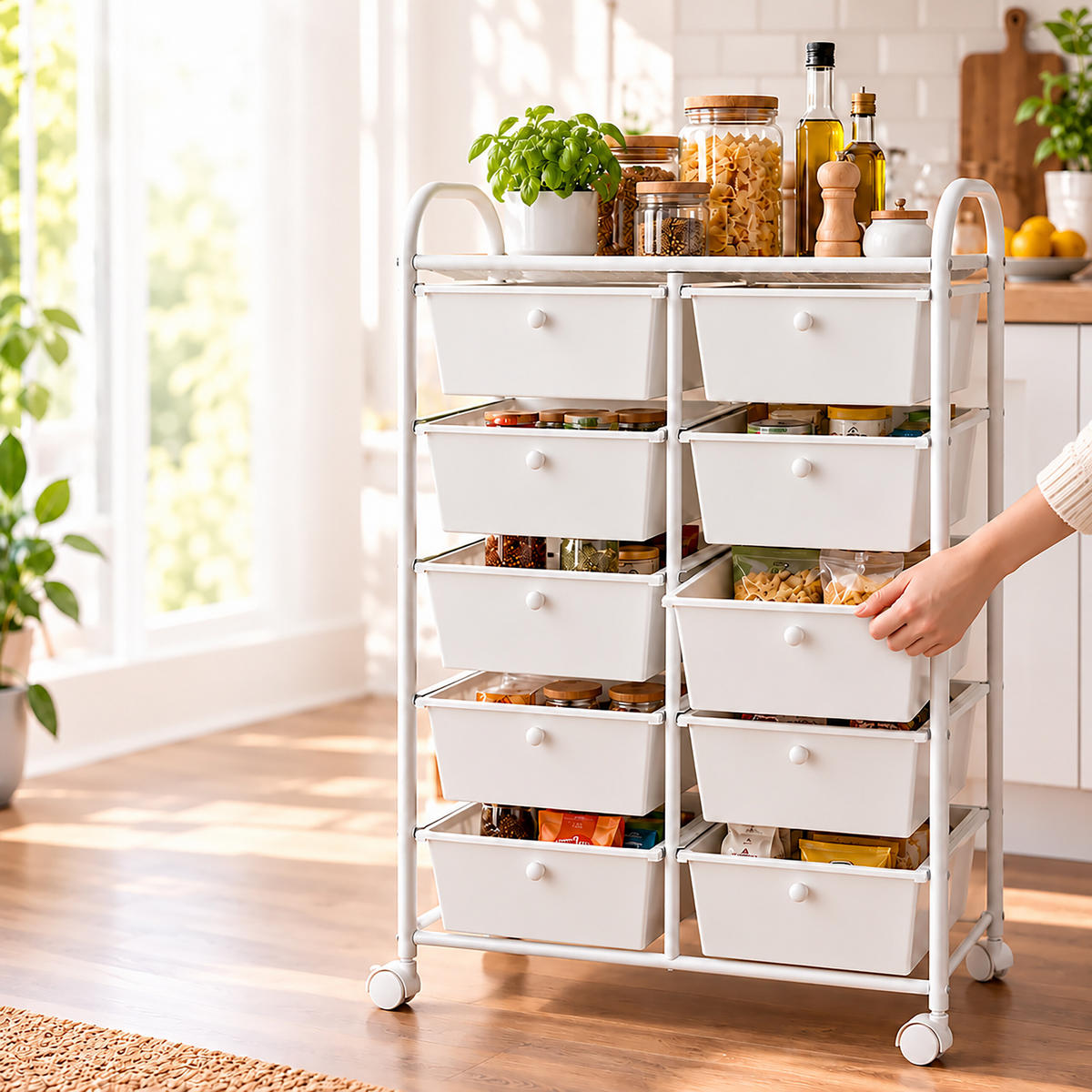 VOZÍK Bílý 10 zásuvek kov plast 96/65/38 cm - bílá, kov/plast (65/96/38cm) - Relaxdays