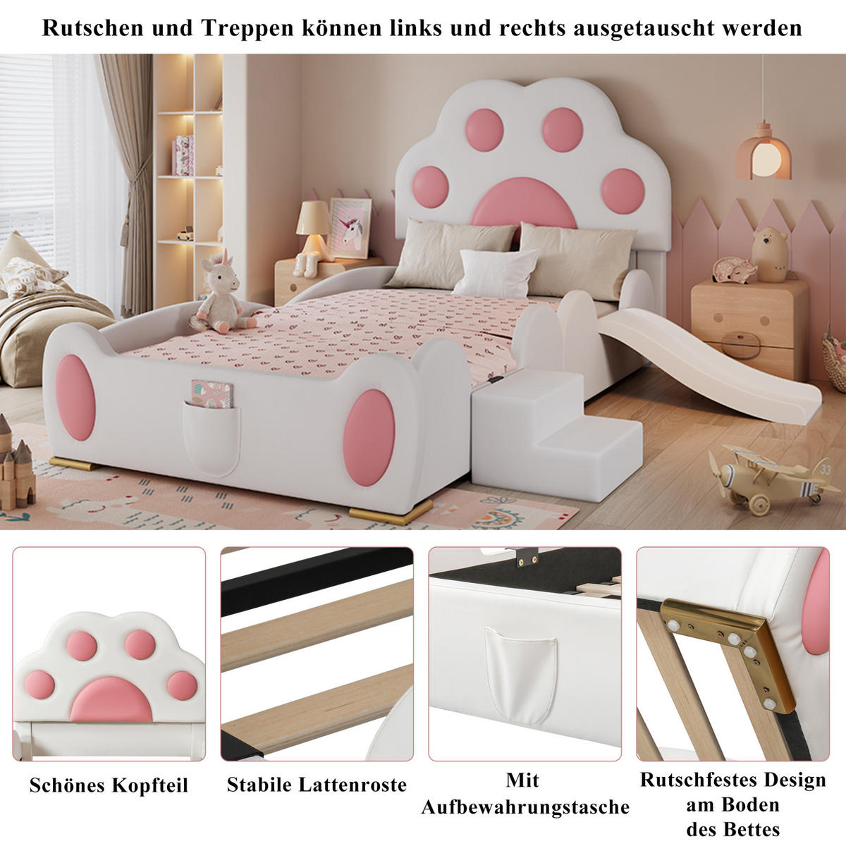 KINDERBETT aus PU 90x200 cm Weiß/Rosa mit Rutsche, zweistufiger Leiter und Katzenpfoten-Kopfteil - Weiß, Kunststoff (90/200cm) - Modfu
