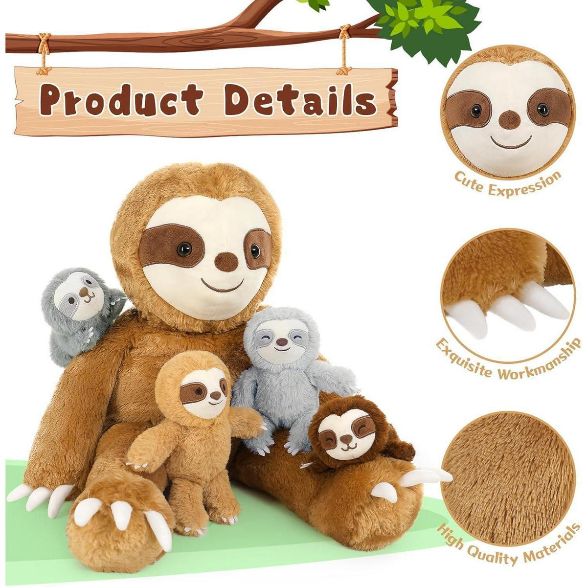STOFFTIER 5-teiliges Set Faultier mit Babys 56cm - Multicolor, Textil (35/56cm)