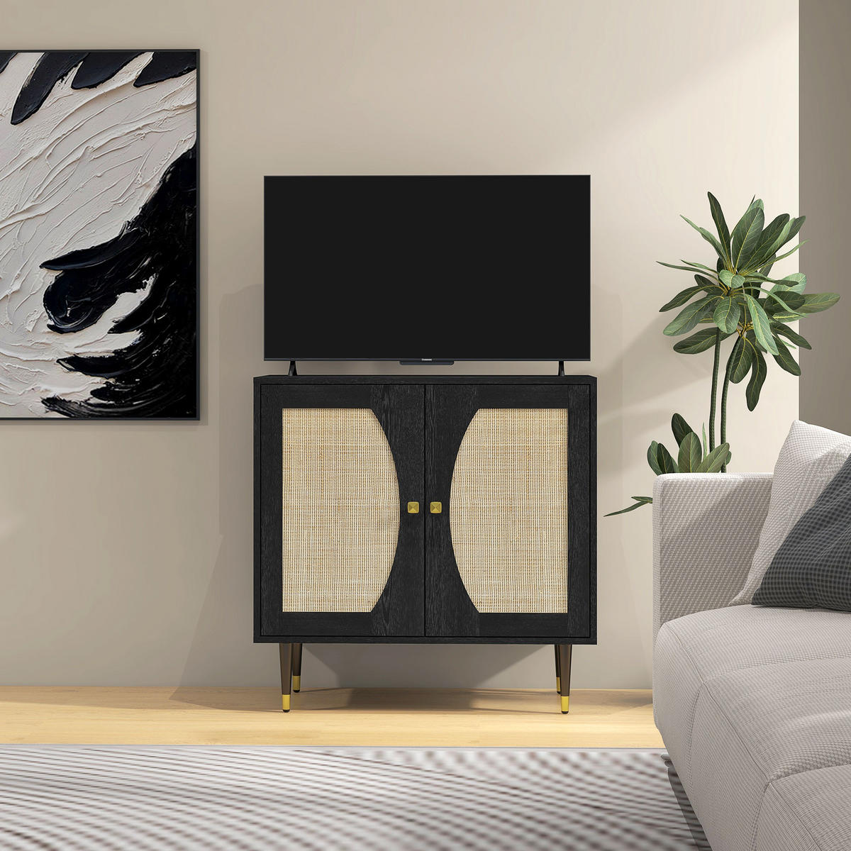 SIDEBOARD DE-11084 Boho-Design mit 2 Türen & Rattan-Front Schwarz - Schwarz, Holzwerkstoff (80/79/38cm) - ComfortXL