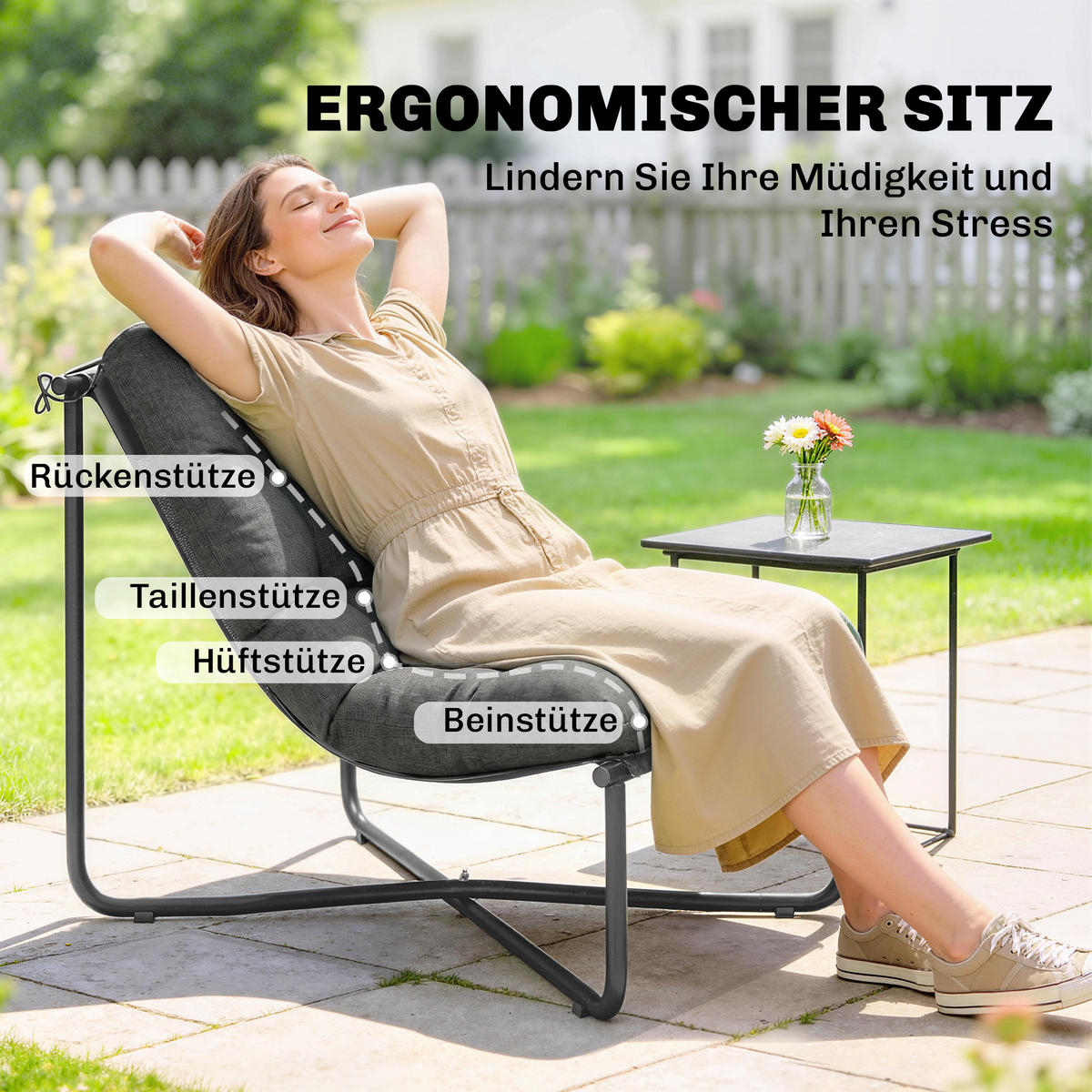 GARTENSTUHL DE-08359 ergonomisch mit breitem Sitz Dunkelgrau - Dunkelgrau, Metall (76/76/92cm) - ComfortXL