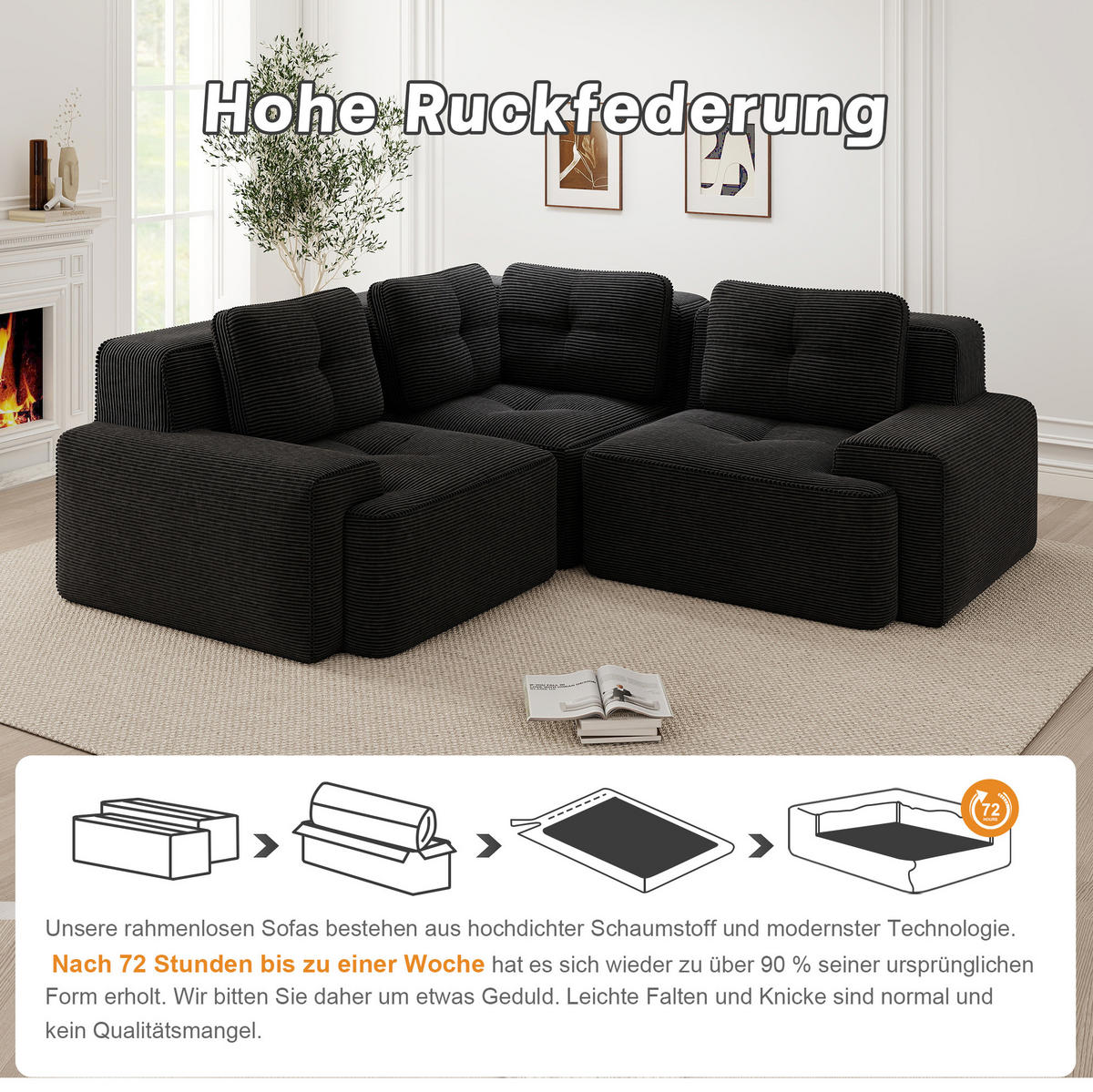 ECKSOFA aus Cord mit modularem Design Schwarz - Schwarz, Textil (104/177cm) - Modenvie