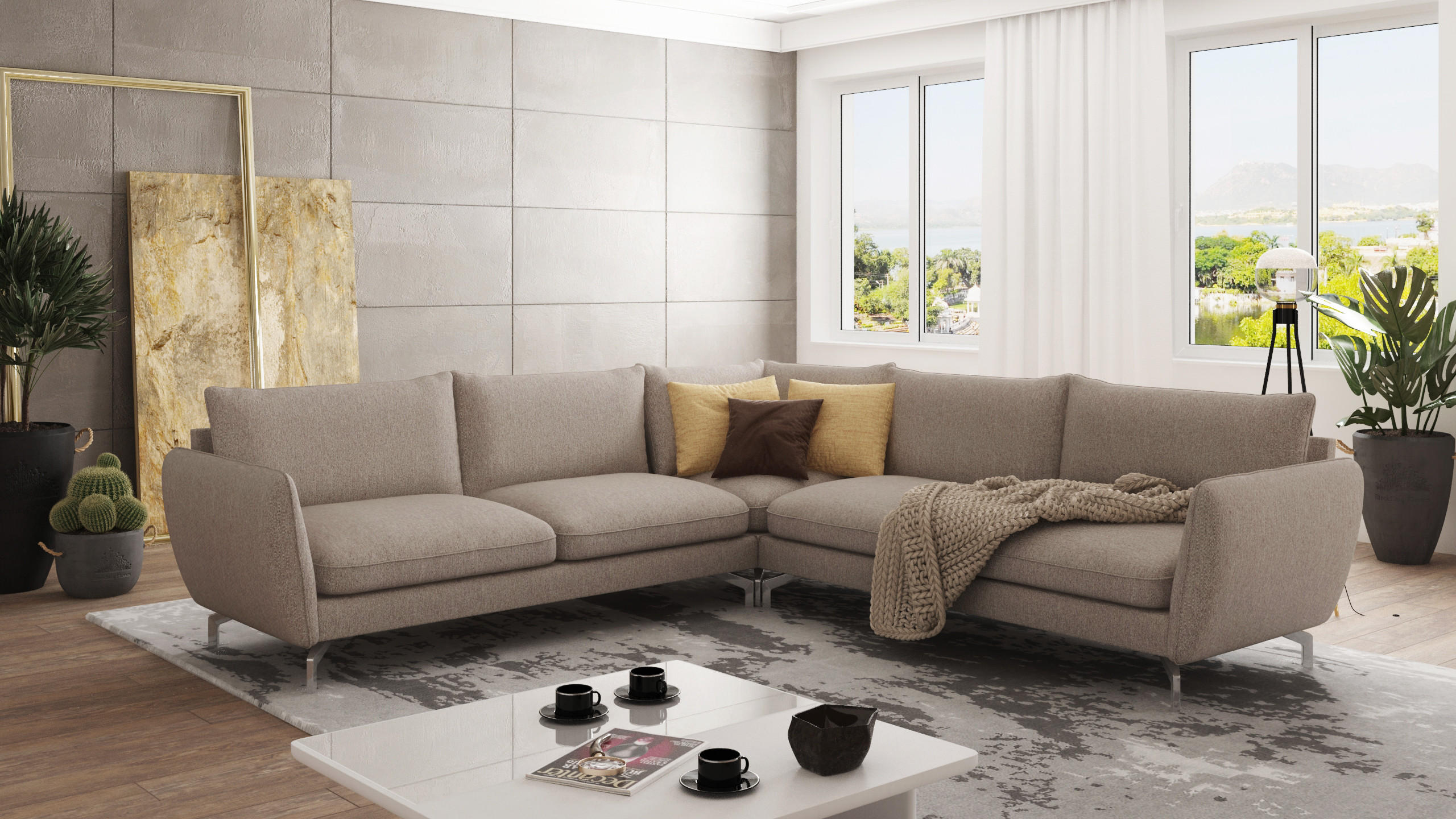 ECKSOFA Elou Dunkelbeige Microfaser - Chromfarben/Beige, Holz/Textil (276/276cm) - S-Style Möbel