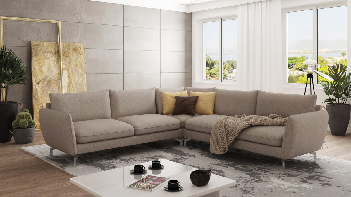 ECKSOFA Elou Dunkelbeige Microfaser - Chromfarben/Beige, Holz/Textil (276/276cm) - S-Style Möbel