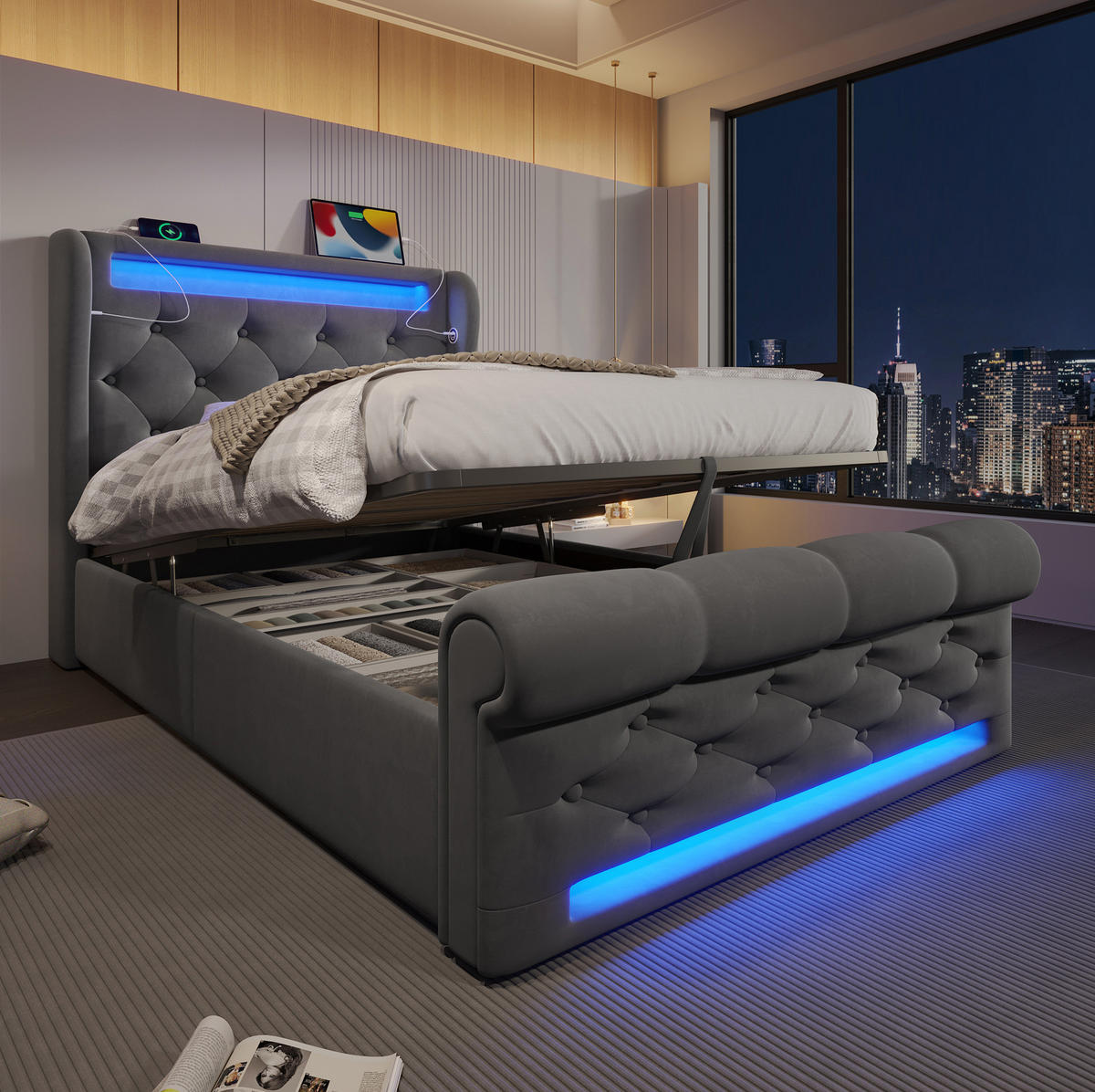 POLSTERBETT 90/200 cm Grau aus Samt mit Stauraum, LED-Beleuchtung und USB - Grau, Textil (90/200cm) - Flora Grace