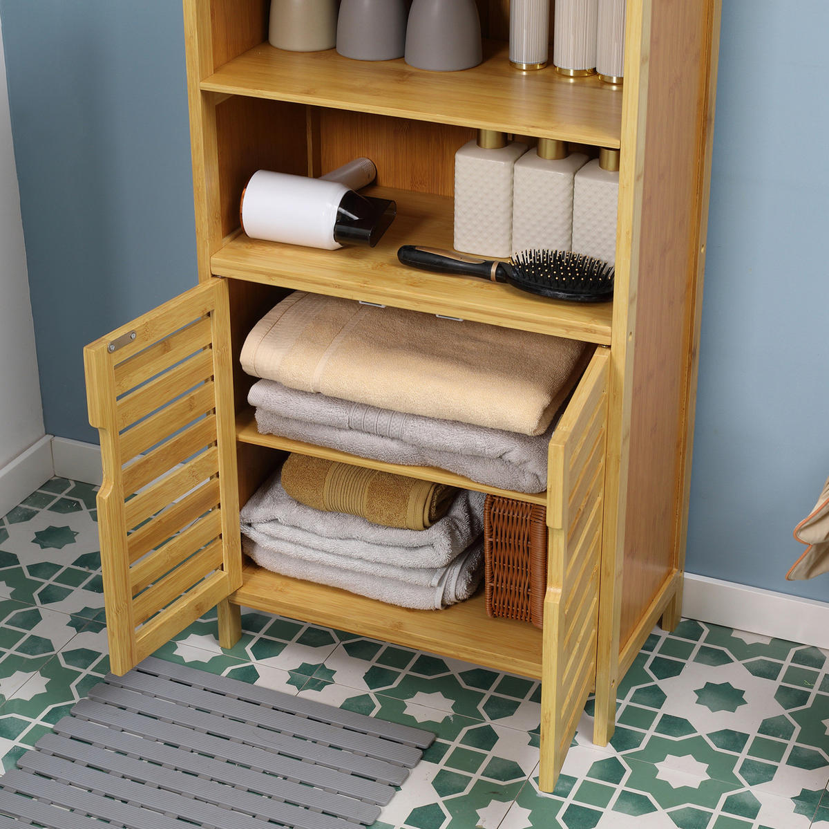 MIDISCHRANK 50/29/92 cm aus Bambus mit Lamellentüren und Kippschutz Natur - Naturfarben, Holzwerkstoff (50/92/29cm) - Modenvie