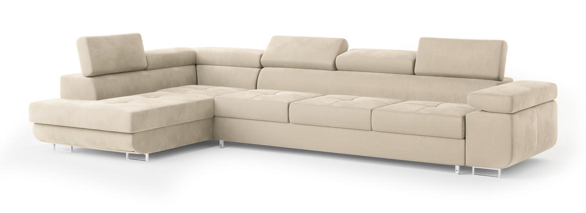 ECKSOFA VICENTE Creme Velours-Stoff mit Schlaffunktion - Creme, Holz (346/202cm) - MASSENO