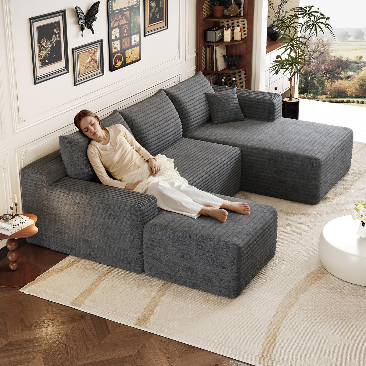 WOHNLANDSCHAFT Cord Dunkelgrau - Grau, Textil (241/58/151cm) - WISHDOR