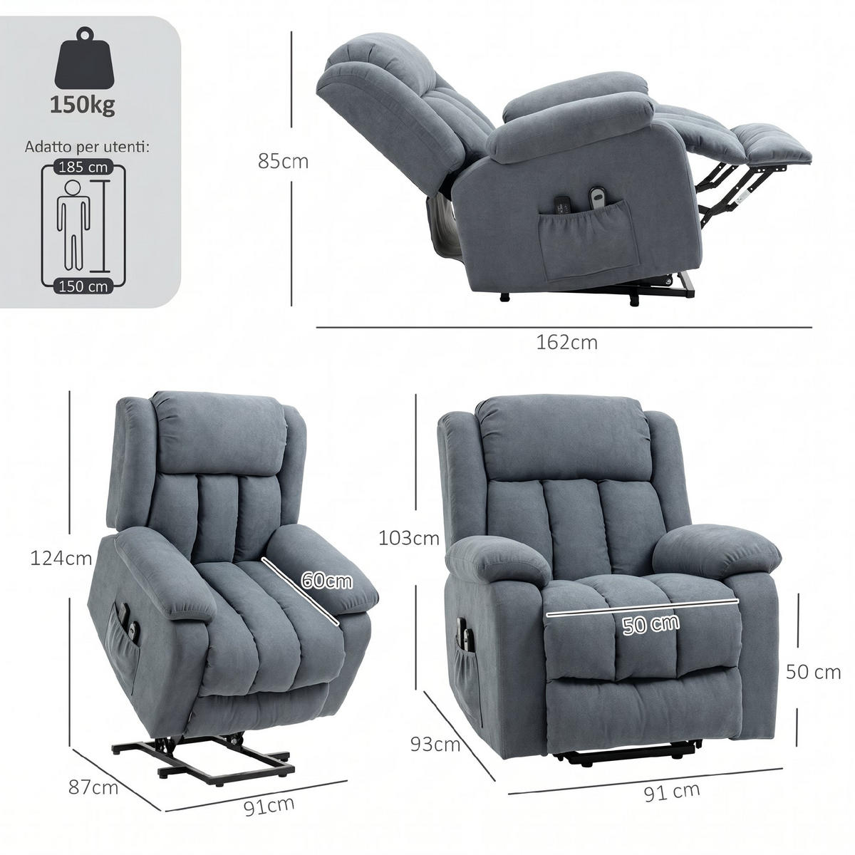RELAXSESSEL,ELEKTRISCH 135° Leinenoptik Fußstütze,grau - Grau, Textil (91/103/93cm) - Vallsero