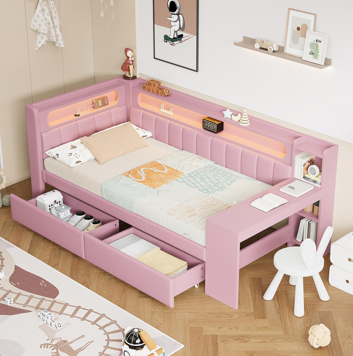 GEPOLSTERTES Tagesbett 90/200 cm mit LED-Beleuchtung, USB-Anschluss, Schreibtisch und 2 Schubladen, Rosa - Rosa, Holzwerkstoff (90/200cm) - Redom