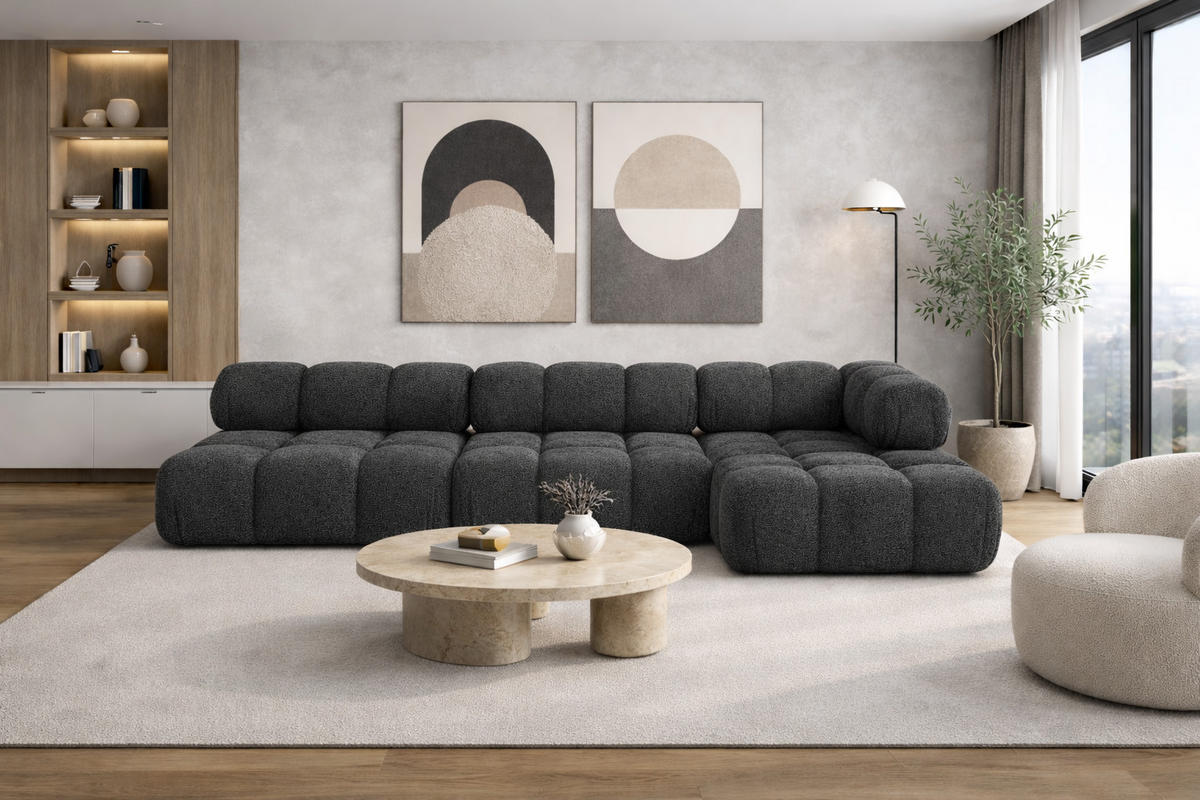 ECKSOFA L-Form Modulare, Bouclé-Stoff Abriamo, Graphit, Rechts, Selia - Graphitfarben, Holz (285/160cm) - Kaiser Möbel
