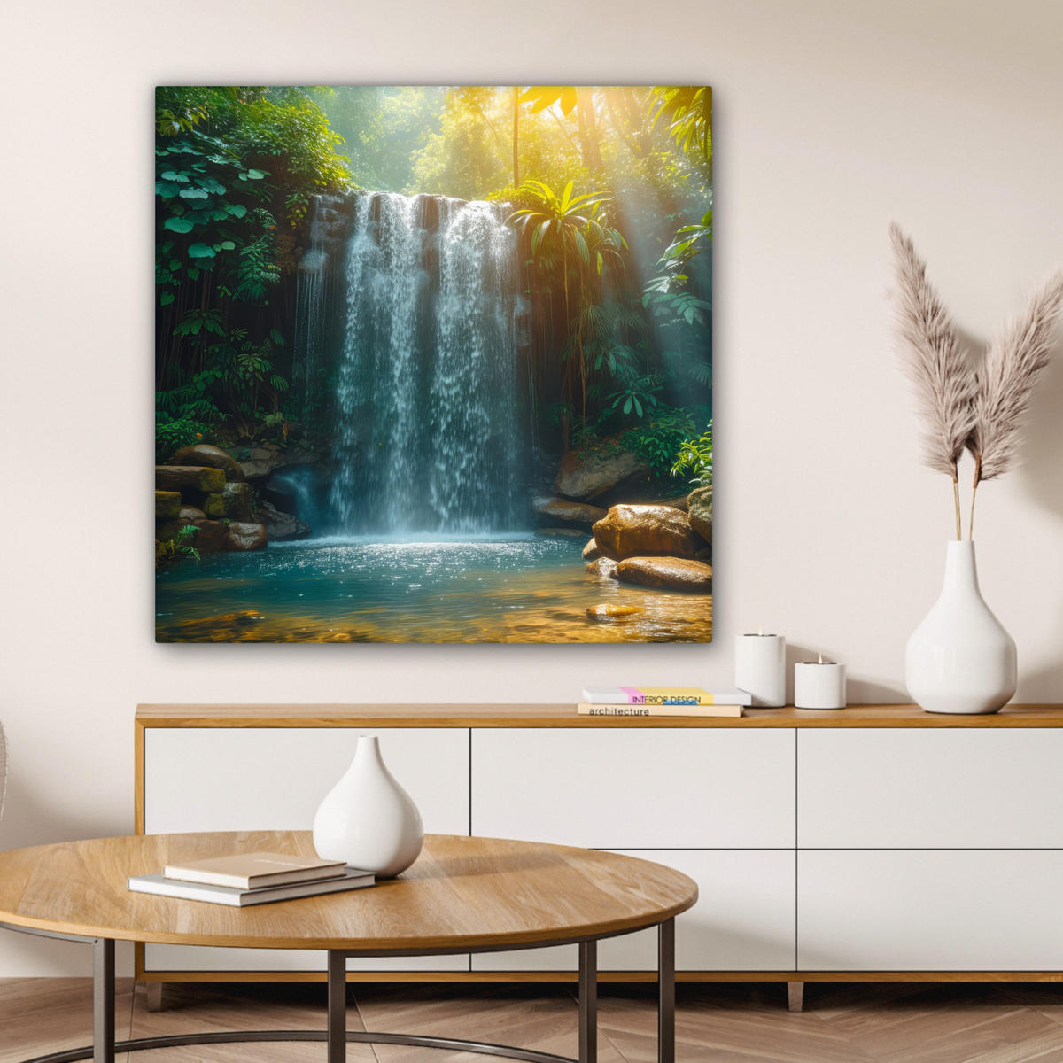 LEINWANDBILD Wasserfall - Dschungel - Sonne - Grün - Natur Deko Groß 90x90 cm - Grün, Textil (90/90cm) - MuchoWow