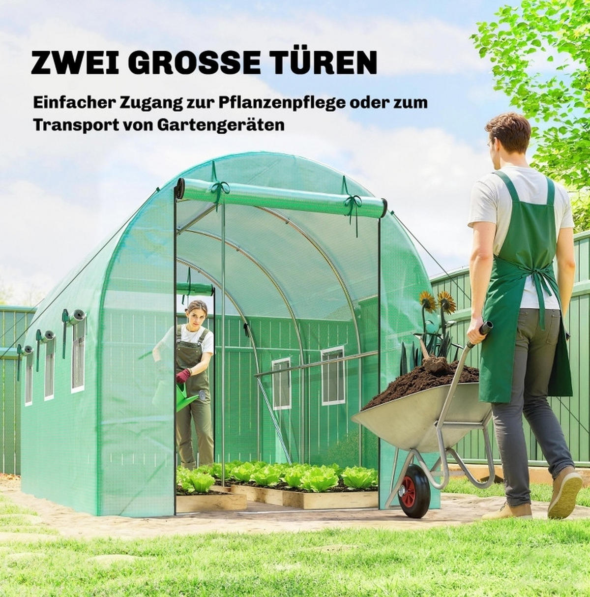 GEWÄCHSHAUS aus Polyethylen 200x300x200 cm in Grün mit 2 Türen & 6 Netzfenstern - Grün, Kunststoff (200/200/300cm) - Modfu