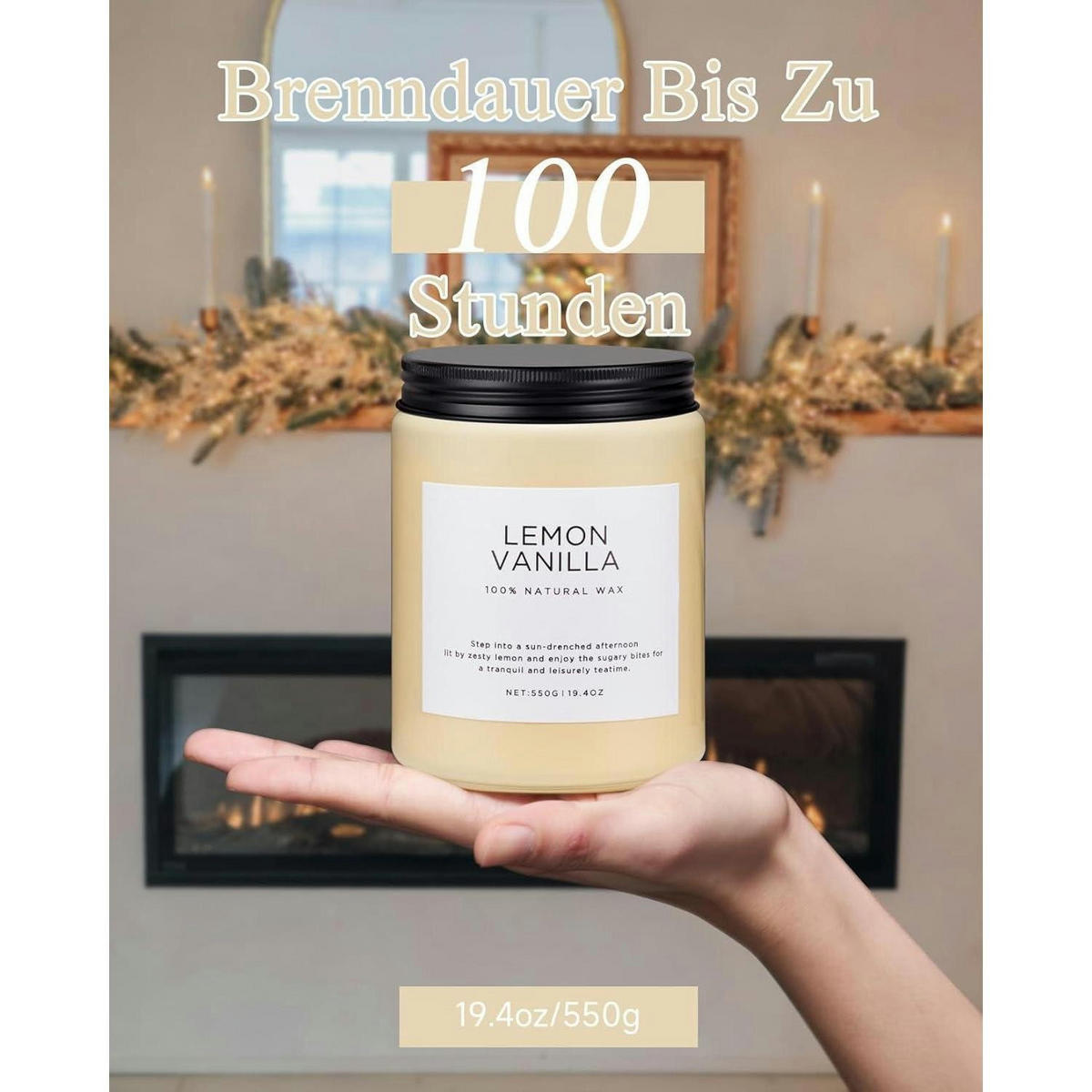 DUFTKERZE Zitrone Vanille 550g 110 Stunden Brenndauer Sojawachs im Glas - Gelb, Paraffin (13cm)