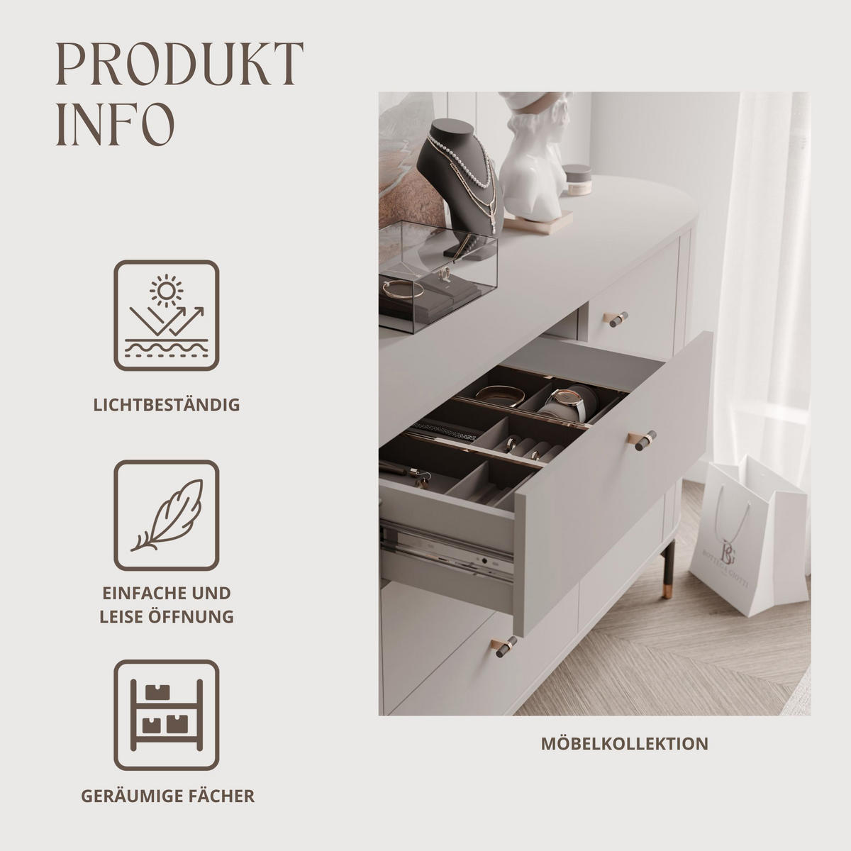 KOMMODE geriffelt, mit drei Schubladen, Kaschmir - Kaschmir, Holzwerkstoff (190/81/40cm) - Idohome
