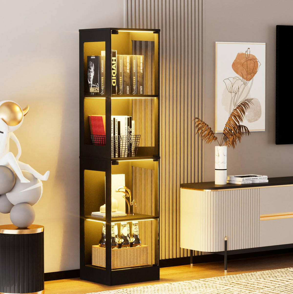 GLASVITRINE aus ABS 40x35x165 cm Akazienholz mit LED-Beleuchtung und Bewegungssensor - Naturfarben, Kunststoff (40/165/35cm) - IVMEU
