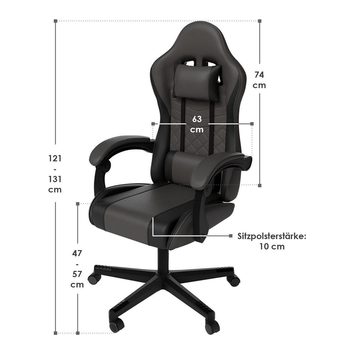 GAMINGSTUHL HyperSeat grau/schwarz - Grau, Kunststoff (63/131/121cm) - Juskys