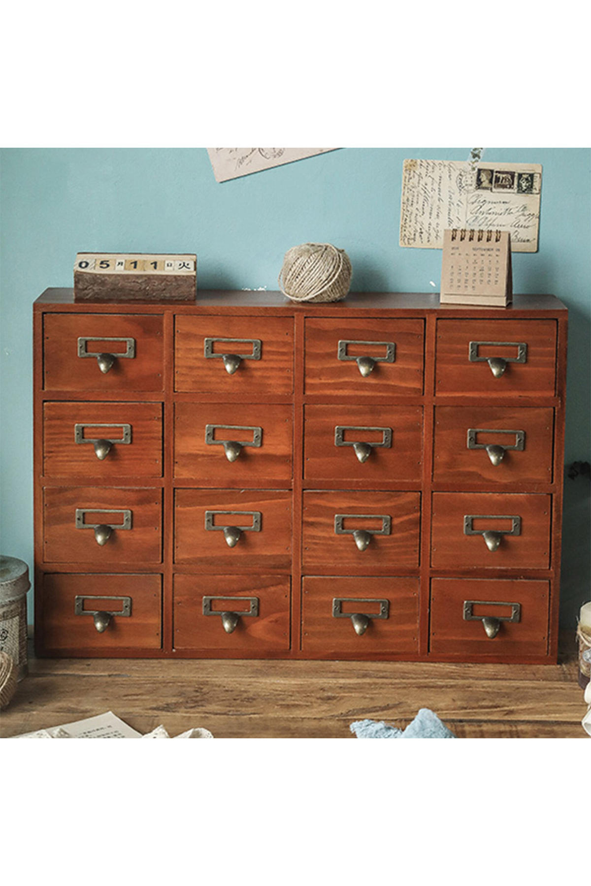 VINTAGE-APOTHEKERSCHRANK Aufbewahrungsbox aus Kiefernholz mit 16 Schubladen und Etikettenhaltern 50 x 10 x 35 cm - Naturfarben, Holz (10/50/35cm) - Livingandhome
