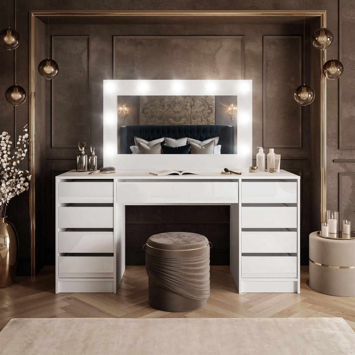 SCHMINKTISCH MADA DOUBLE mit LED-Beleuchtung - Weiß, Holzwerkstoff (152/75/55cm) - Lookway