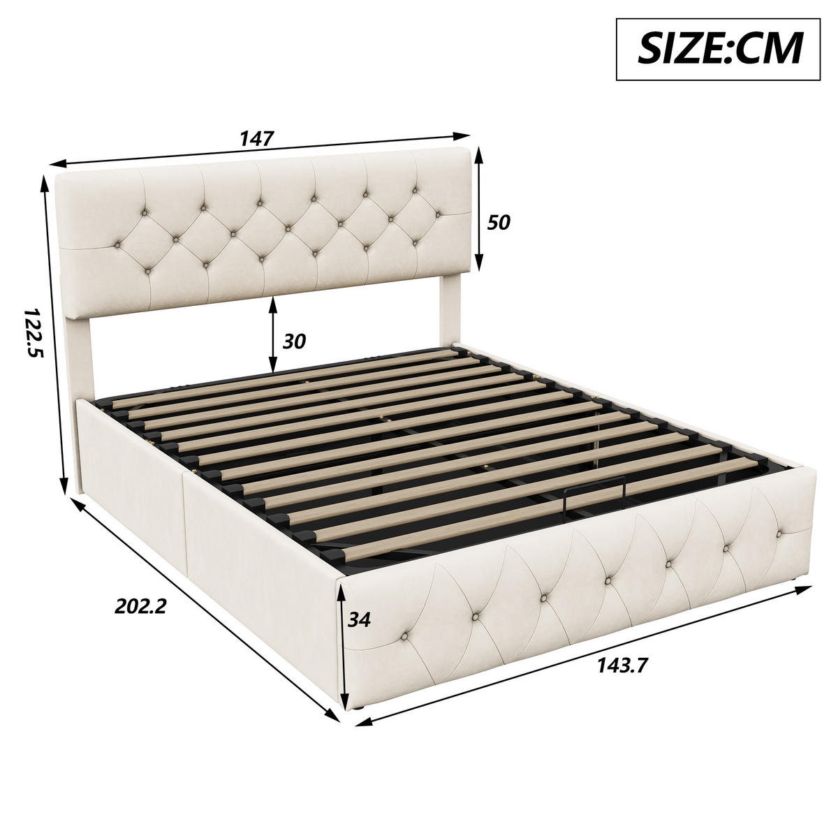 POLSTERBETT 140x200 cm mit Lattenrost, Bettkasten & Kopfteil, Samtstoff, Beige - Beige, Textil/Metall (140/200cm)