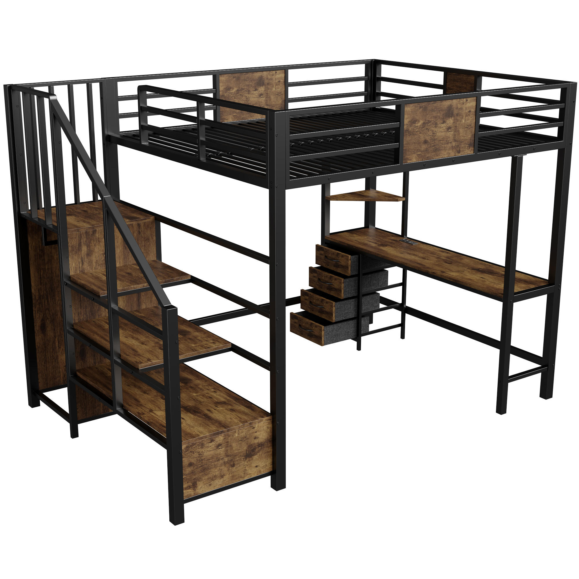 HOCHBETT Schwarz aus Metall 140×200cm mit Schreibtisch, Ablagefächern, Kleiderstange, LED-Beleuchtung und Steckdose - Schwarz, Metall (140/200cm) - Luhomfu