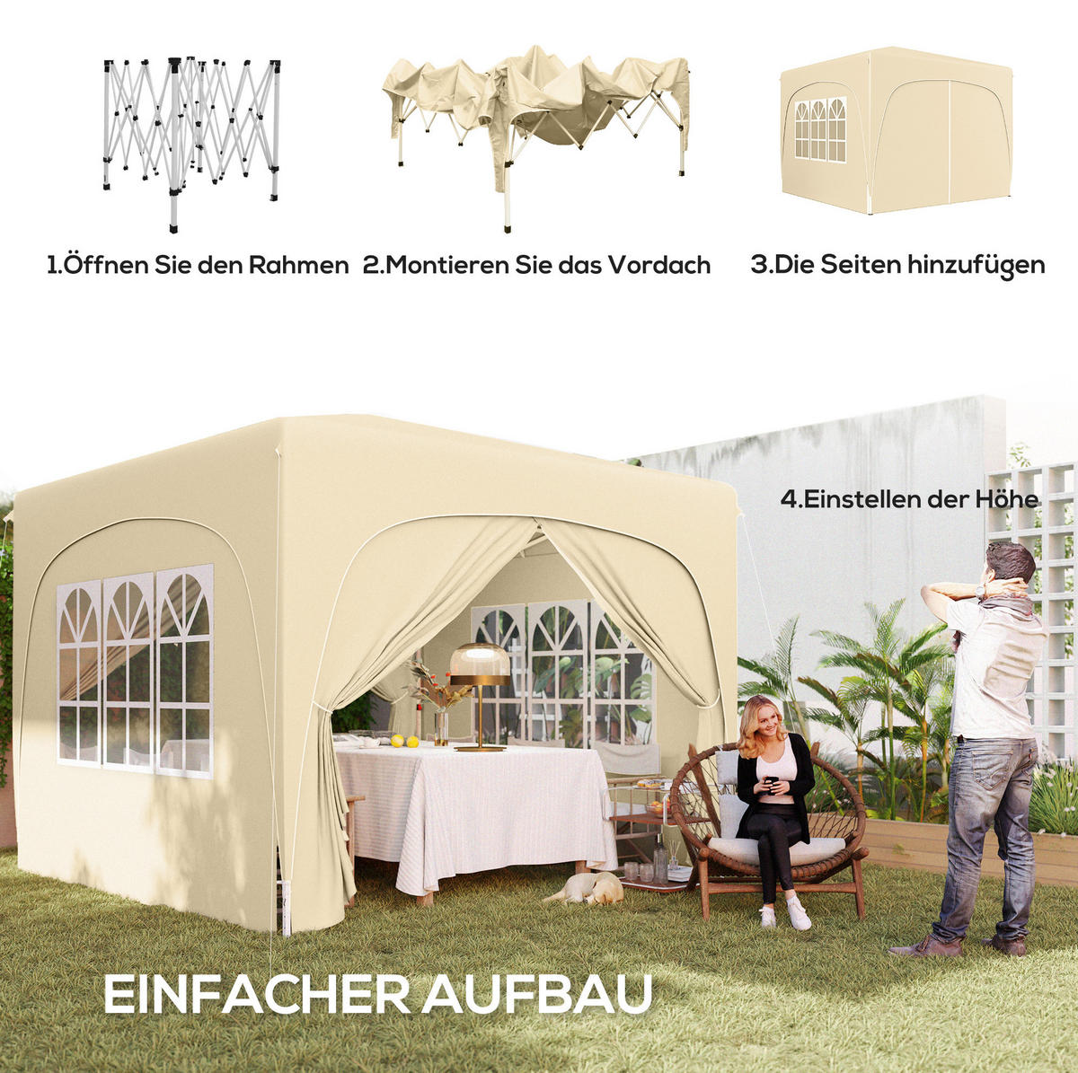 FALTPAVILLON 300/300/273 cm mit 4 Seitenteilen, UV-Schutz und höhenverstellbarem Gestell, Sand - Beige, Textil (300/273/300cm) - Redom