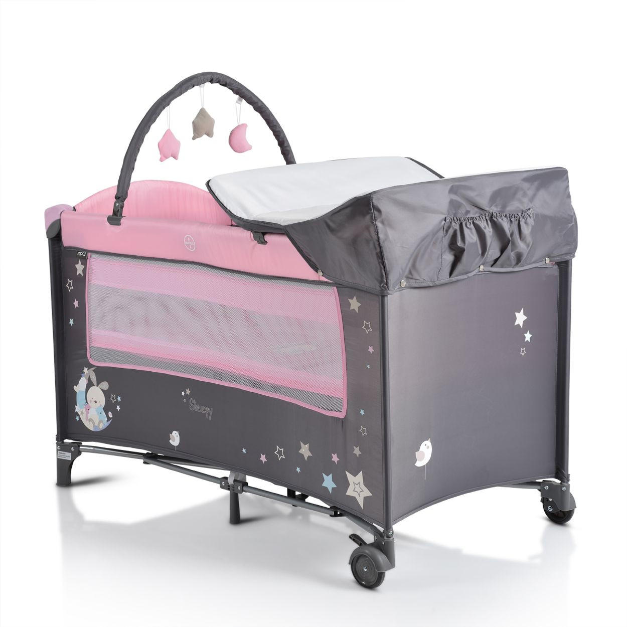 REISEBETT Sleepy Rollen grau pink Wickelauflage, Matratze, Spielbogen, Seiteneingang - Grau, Kunststoff (60/120cm) - Moni