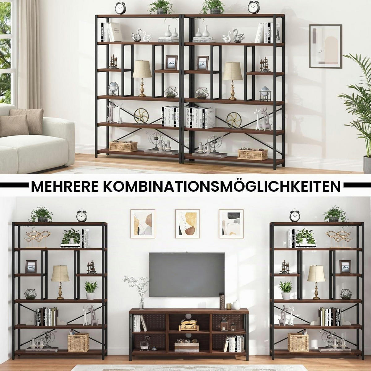 BÜCHERREGAL mit 6 Ebenen Walnuss 180 cm - Braun, Metall (120/178/30cm)