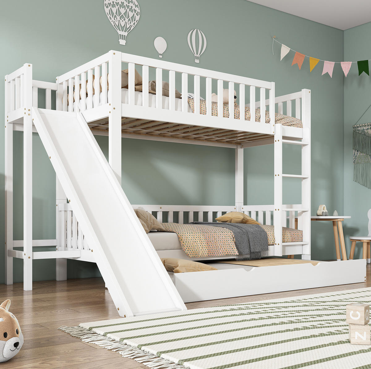 ETAGENBETT 90/200 cm mit Rollbett, Rutsche und Fallschutzgitter - Weiß, Holzwerkstoff (90/200cm) - OKMYHOME