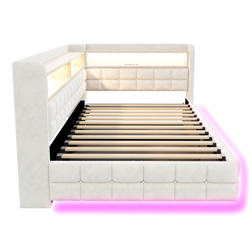 POLSTERBETT 90x200 cm mit hydraulischem Stauraum und Regal - LED Beleuchtung - USB & Typ-C - Beige - ohne Matratze - Beige, Textil (90/200cm) - DELFA