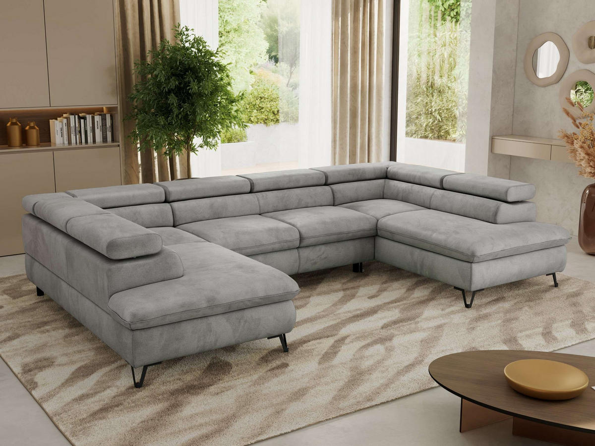 WOHNLANDSCHAFT PABLO U Velvet Hellgrau mit Topper Visco - Hellgrau/Schwarz, Textil/Metall (346/76/208cm) - MKS