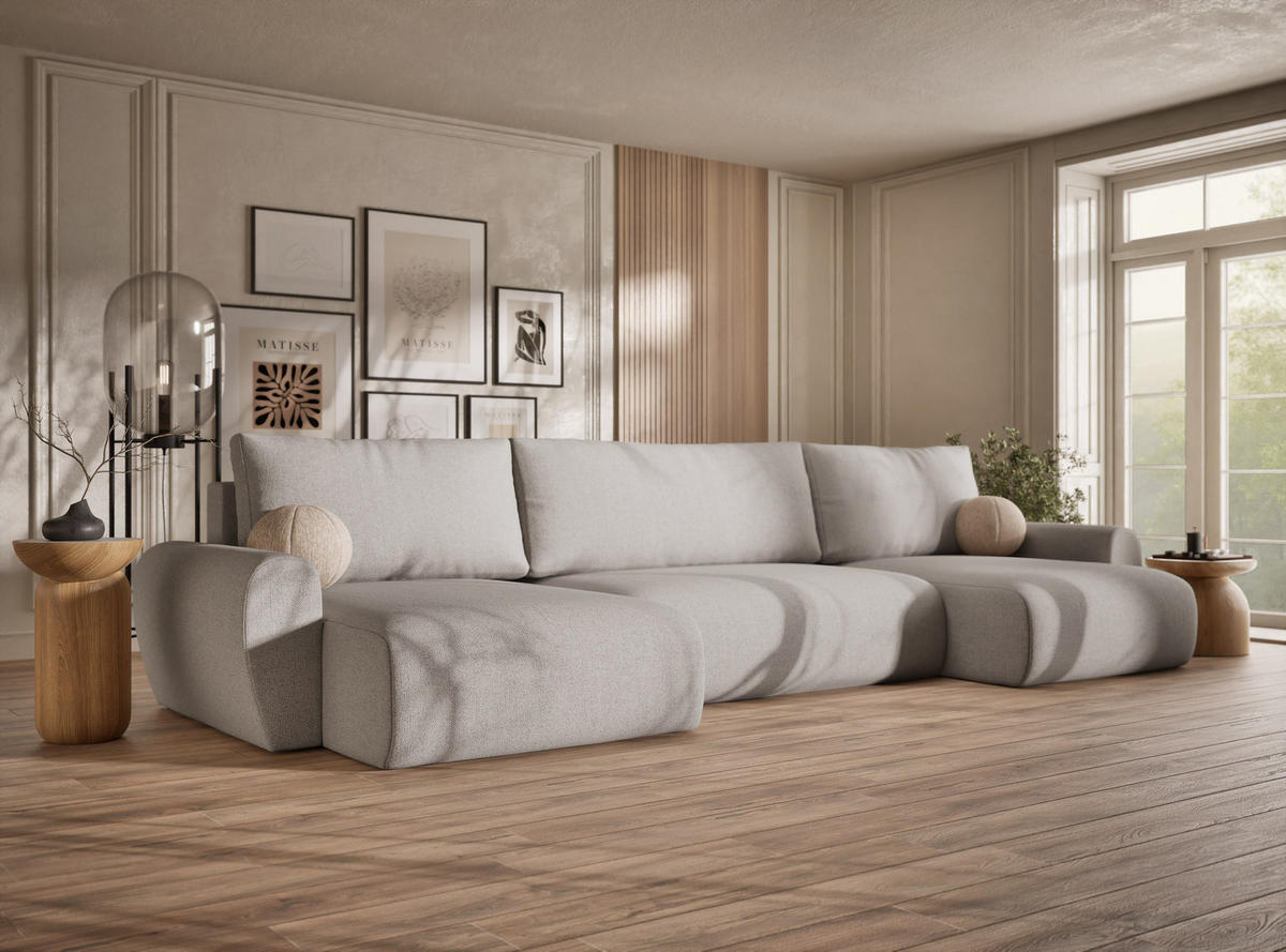 WOHNLANDSCHAFT MIT SCHLAFFUNKTION Zaya Seidengrau Webstoff - Beige/Schwarz, Holz/Holzwerkstoff (397/70/153cm) - Maison de Reve