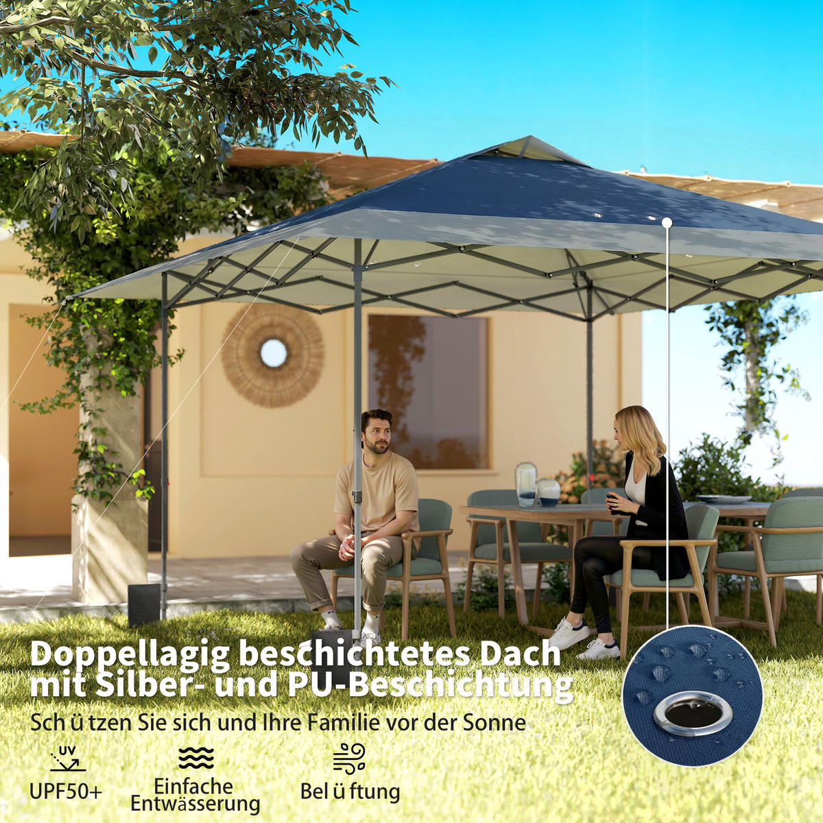 PAVILLON Dunkelblau 395/395/285 cm - Dunkelblau/Grau, Metall (395/285/395cm) - Outsunny