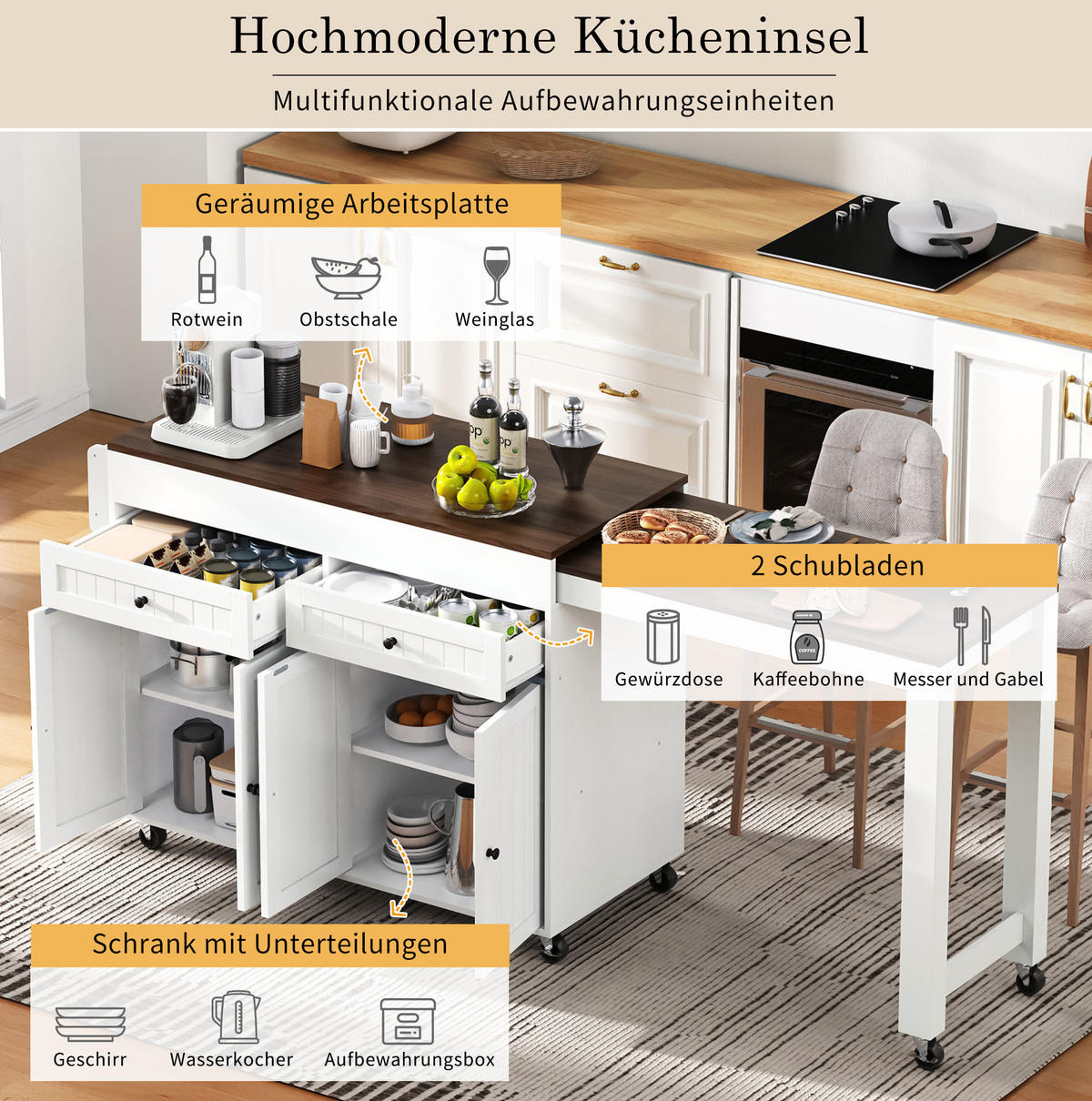 KÜCHENINSEL 112-180,5/45/92,2 cm Weiß Walnuss mit ausziehbarer Arbeitsplatte - Weiß, Holzwerkstoff (180.5/92.2/45cm) - OKWISH