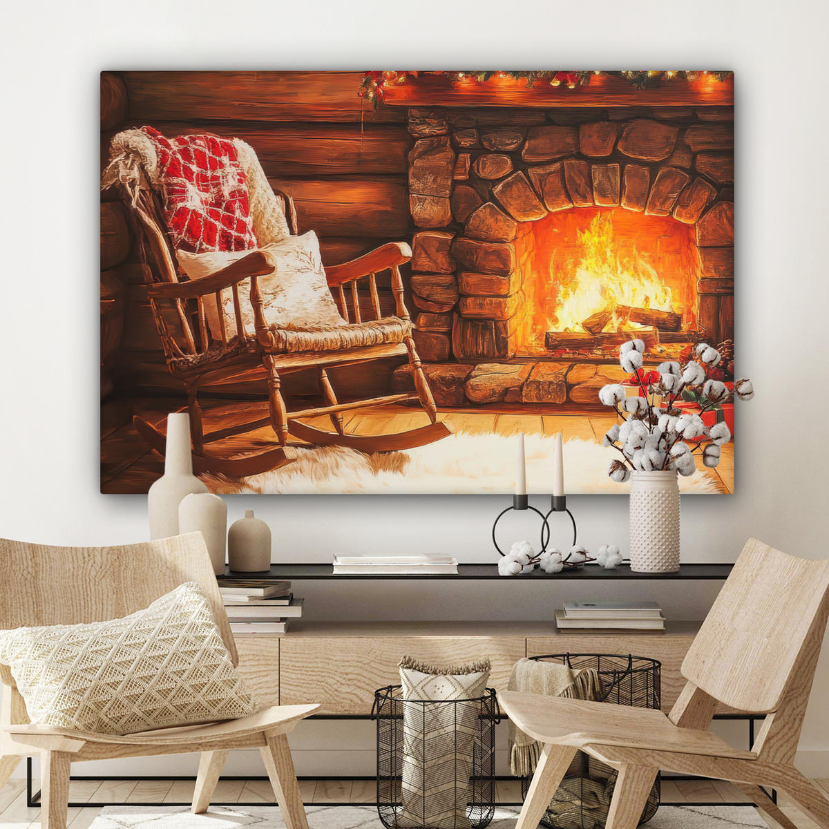 LEINWANDBILD Winter - Weihnachten - Zuhause - Kamin XXL 150x100 cm - Bernsteinfarben, Textil (150/100cm) - MuchoWow