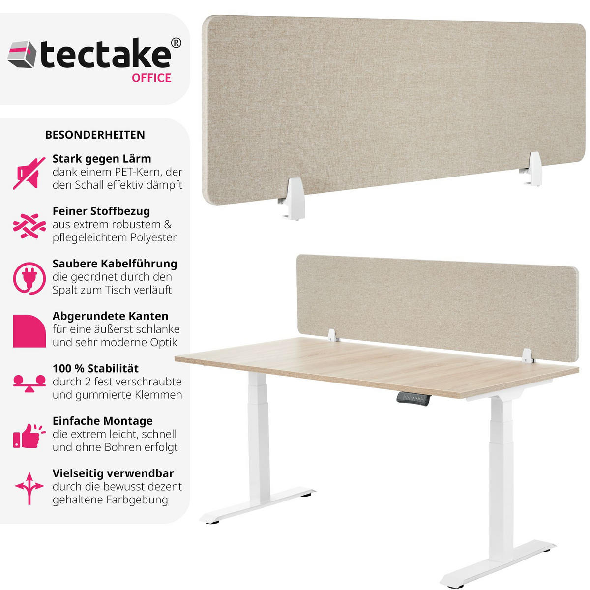 TRENNWAND für Schreibtisch Noisy,inkl. 2 Befestigungsklemmen,beige - Beige, Kunststoff (2.2/160/40cm) - tectake